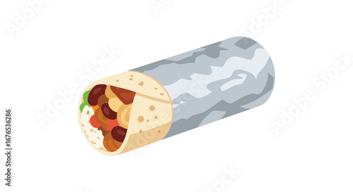 Illustration of a flavorful burrito, packed with diverse ingredients and wrapped with care in silver foil, presented on a clean white backdrop
