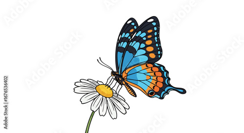A beautifully illustrated butterfly gracefully lands upon a pristine white daisy, symbolizing transformation and natural beauty in the sunshine