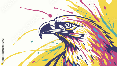 Vibrant abstract eagle head with splashes of color and dynamic feather strokes