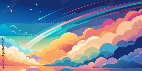 Vibrant abstract sky with colorful clouds and streaks of light reflecting on calm water