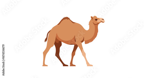 Elegant illustration showcasing a stylized camel standing against a stark white backdrop, capturing its serene and majestic essence for