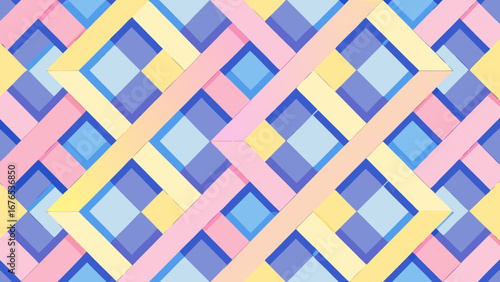 Abstract geometric pattern of intersecting pastel colored bands and diamond shapes