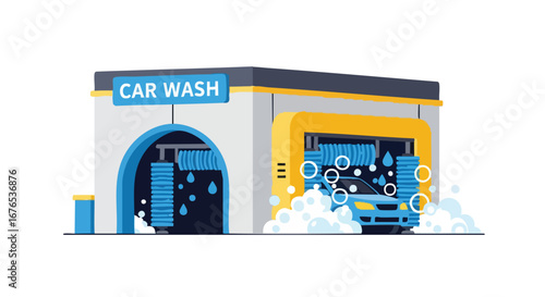 Automated Car Wash Facility with Spinning Brushes and Foaming Soap, Ensuring Vehicle Cleanliness and Shiny Exterior, Promoting Car Care Maintenance