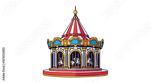 Vibrant vector illustration featuring a charming carousel with horses, perfect for embodying childhood joy and festive amusement park excitement