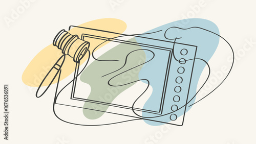 Abstract line art depicting a gavel and notebook with soft pastel color blocks