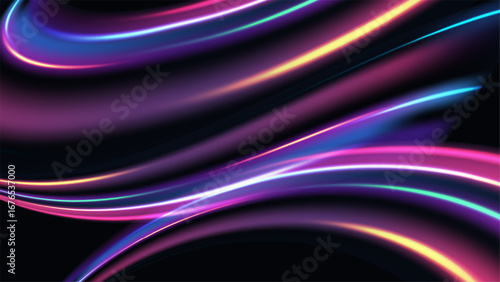neon abstract technology background with vibrant curved light lines in pink purple blue gradient creating futuristic motion effect glowing streaks against dark backdrop digital and sci fi design