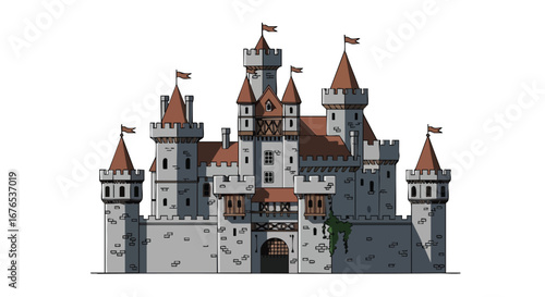 Majestic Medieval Castle Illustration with Stone Towers and Crimson Roofs Against White Backdrop