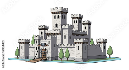 Illustrated medieval castle with towers and a drawbridge rising majestically from a small moat  against white canvas