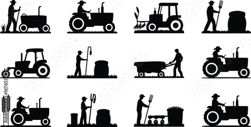 Silhouettes of farmers and tractors, agricultural work, farming machinery, rural lifestyle, farm equipment, tractor driving, harvesting, planting, farming tools, 