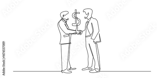 Continuous line drawing of two businessmen shaking hands with dollar sign between them. One line art illustration symbolizing business deal,agreement,financial partnership,and corporate contract.