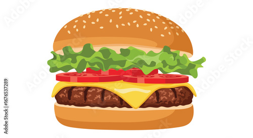 Graphic illustration of a delicious burger with fresh ingredients and vibrant colors for digital use showcasing food imagery