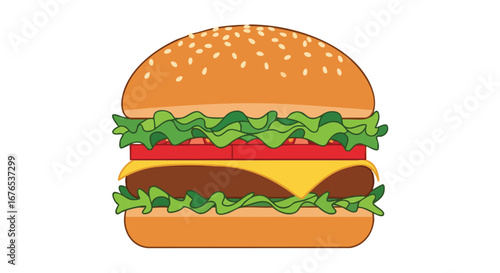 Stylized burger illustration with fresh ingredients and sesame seeds bun perfect for menus 64 characters