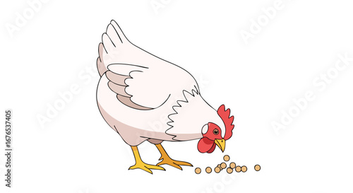 Animated depiction of a white hen eating grains, set against a bright white backdrop with clean lines and simple design aesthetics, embodying a