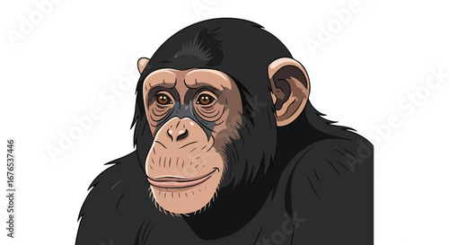 Captivating chimpanzee portrait showcasing detailed facial features and thoughtful expression, rendered in a cartoon style illustration