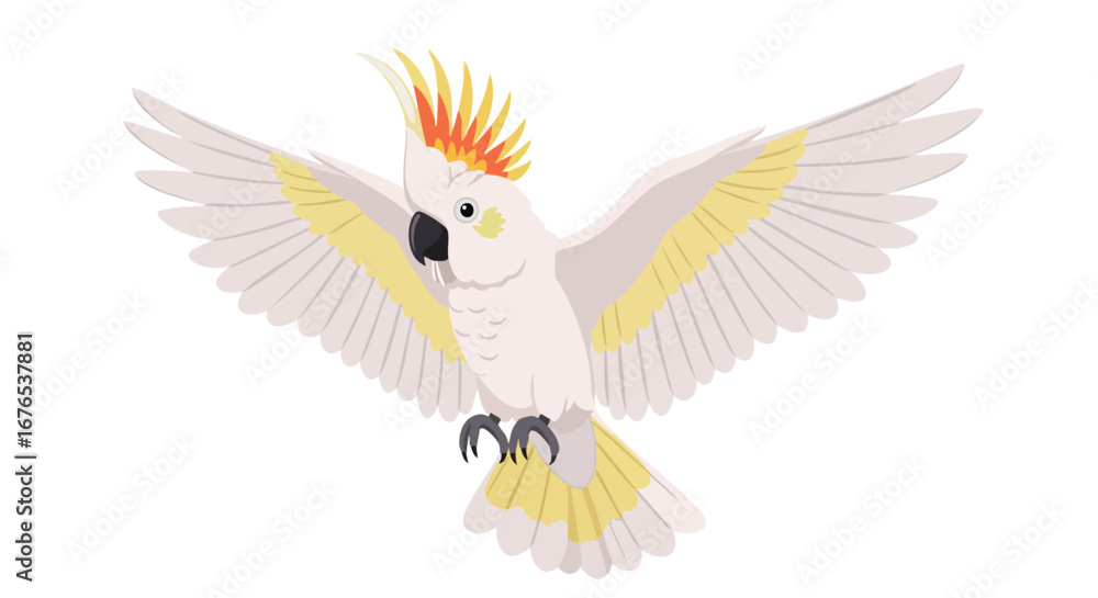 Obraz premium Elegant sulphur crested cockatoo in flight showcasing its distinctive plumage and outstretched wings against a pure white canvas conveying freedom