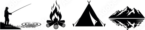 Black silhouette of a person fishing, campfire, teepee, and mountain lake reflection vector set; icons for outdoor adventure and nature camping.