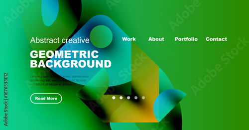 Modern website header design. Vibrant green backdrop features abstract shapes, text, navigation options, button. Clean, professional aesthetic.
