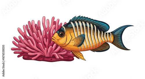 Vibrant coral reef ecosystem illustration featuring a golden angelfish swimming gracefully next to a colorful coral formation