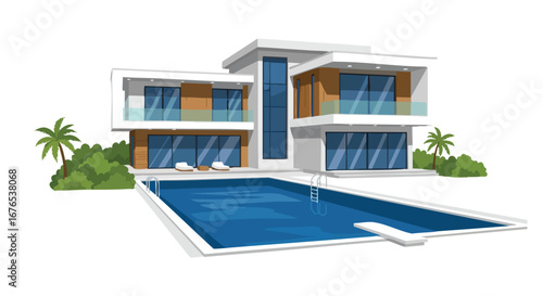 Luxury villa with swimming pool and tropical garden for elite living and residential housing architectural design, modern exterior design with large
