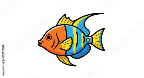 Vibrant illustration of a tropical fish, showcasing a playful blend of colors and cartoonish style, perfect for children's books or educational