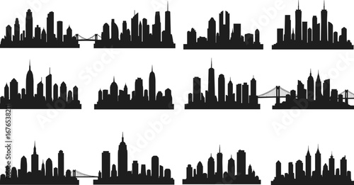 Urban skyline silhouettes collection with bridges, cityscape vector set, modern architecture illustration for design, travel, construction, and real estate projects
