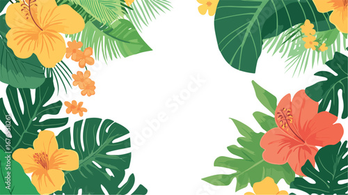 Vibrant tropical floral arrangement with hibiscus flowers and lush greenery on white background