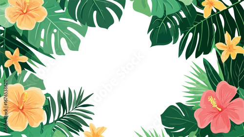 Vibrant tropical foliage and exotic flowers forming a lush decorative border on white background
