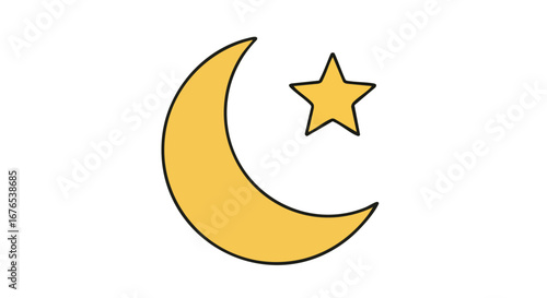 Golden crescent moon and radiant star illustration against a pure white canvas evokes celestial themes in a simple yet impactful design