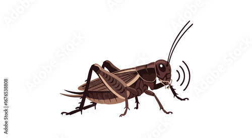 Illustration of a chirping cricket with sound waves, perfect for nature, animal, or sound-related themes, detailed isolated on white