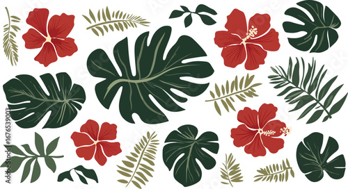 Vibrant tropical foliage and red hibiscus flowers arranged in a lively pattern
