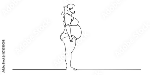 Continuous line drawing of overweight woman standing in side view. One line minimalist body shape illustration, plus size female figure, obesity concep