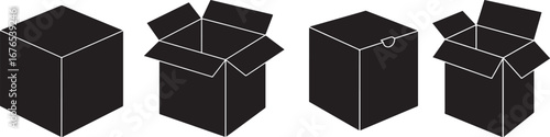 Four cardboard box silhouettes with open and closed tops