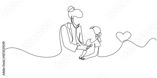 Continuous line drawing of a doctor examining a child with stethoscope,representing healthcare and compassion. One line drawing symbolizing pediatric care and medical services