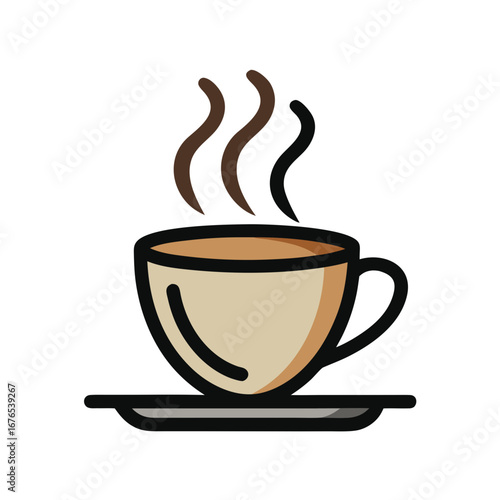 Vector illustration of a clean, minimalist coffee cup icon with steam rising, isolated on a pure white background, simple line art with soft modern style, PNG for branding and café logo use.