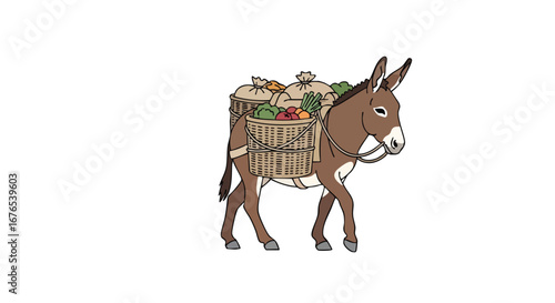 Illustration of a donkey carrying baskets full of vegetables and burlap sacks for market transport depicting farm life