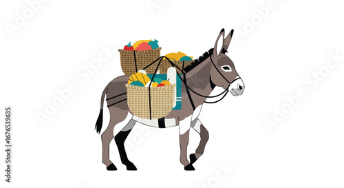 Burdened beast: An illustration of a donkey carrying baskets filled with diverse agricultural bounty across a stark white background