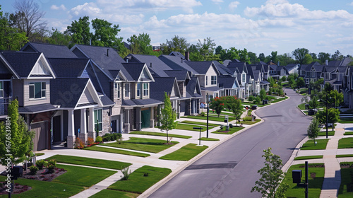 New suburban development in the Midwest with identical prefab homes, large cul-de-sac layout, uniform lawns and mailboxes.