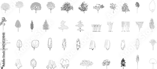 A black-and-white vector collection of various tree elevations with different foliage styles and shapes, perfect for architectural, landscape, and urban design projects.