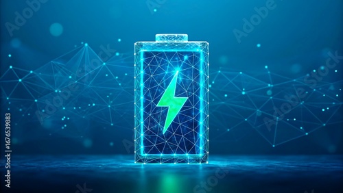 Digital glowing battery with lightning bolt symbol of energy and power storage