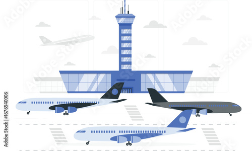 Airport runway and aircraft illustration with rafiki character