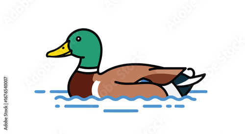 Stylized mallard duck swimming gracefully on tranquil water creating a serene scene graphic element for nature lovers and design enthusiasts