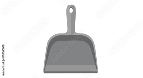 Gray dustpan illustration against clean white backdrop, perfect for cleanliness themes with minimalist design featuring a basic cleaning tool