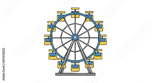 Whimsical ferris wheel illustration, iconic carnival ride with vibrant colors, reminiscent of childhood amusement, perfect for joyful and carefree