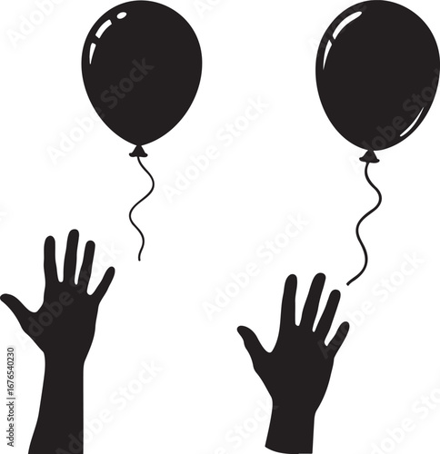 Two black balloons floating away silhouette