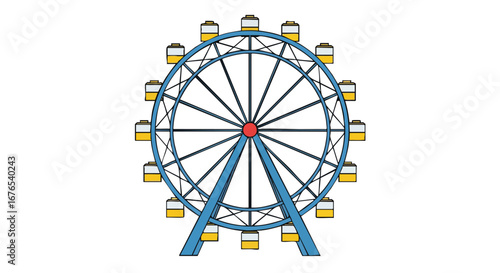 Blue ferris wheel with yellow and white gondolas on a white background suitable for children or amusement park themes