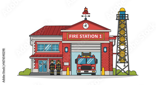 Animated fire station illustration featuring a truck and firefighters on a white background, safety and emergency services