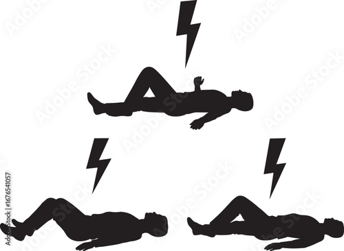 Three silhouettes of people struck by lightning