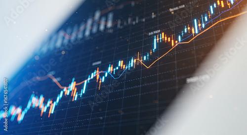 Financial Chart with Orange and Blue Lines on Dark Grid Background