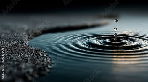 Top-down view of water ripple effect in a monochromatic color scheme, creating perfect concentric circles on a smooth reflective surface  