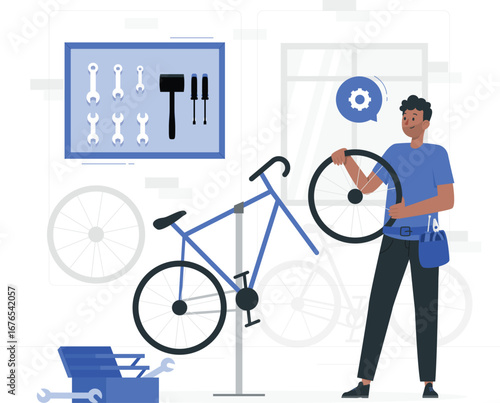 Bicycle workshop rafiki illustration with tools and parts